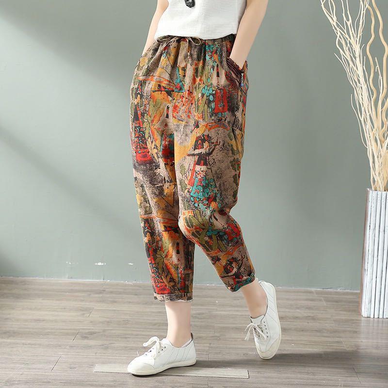 Cotton and Linen Harem Pants Women's Spring High Waist Loose Printed Carrot Pants Nine-point Plus Size Plaid Casual Pants