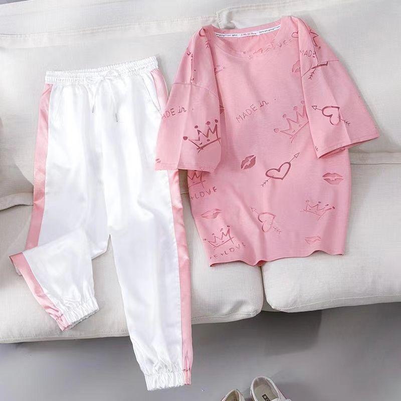 Plus Size Slimming Sportswear Loose Cover Meat Casual Suit Sports Suit Two-piece Short-sleeved T-shirt Loose Wide-leg Pants Cute and Comfortable