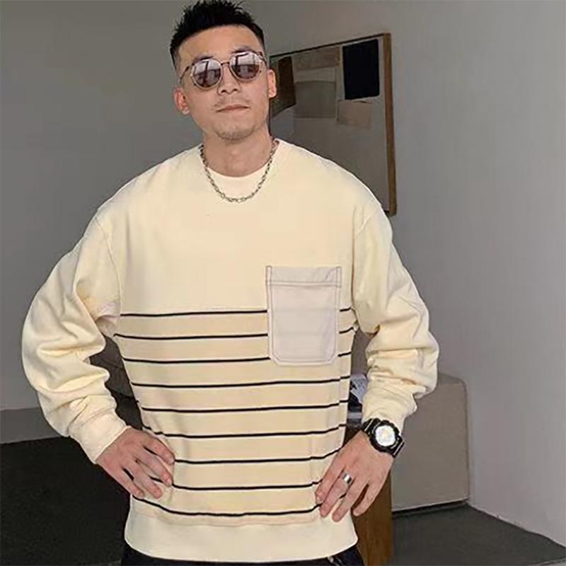 Ruffian Autumn Men's Striped Sweater Stitching Round Neck Pullover Top Loose Long-sleeved Sweatshirts Tide