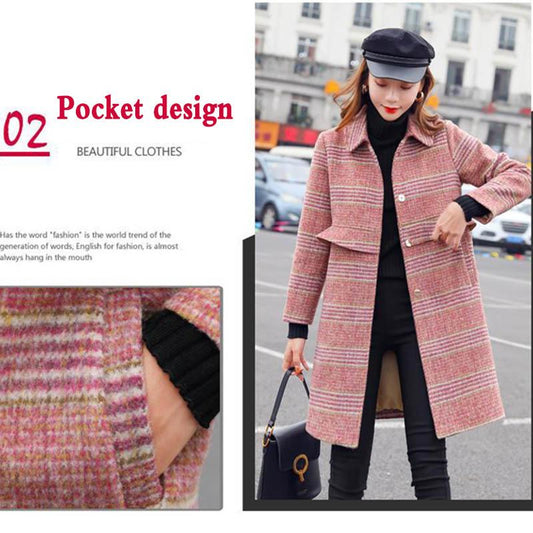 Woolen Coat Women's Mid-length Autumn and Winter Small Fashionable Plaid Coat with Fungus