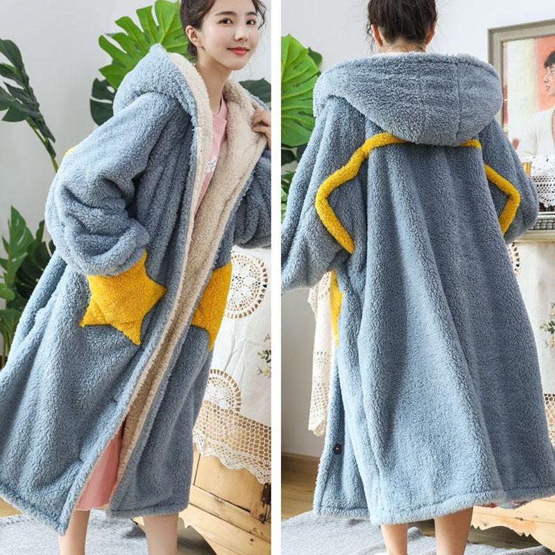 Autumn and Winter Coral Fleece Star Long Sleeping Blanket Can Be Worn Outside Flannel Plus Size Nightgown Home Bed Clothing