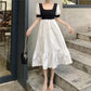 Women Summer Vintage Elegant Short Sleeve Square Neck Black White Patchwork Slim Long Pleated Dress