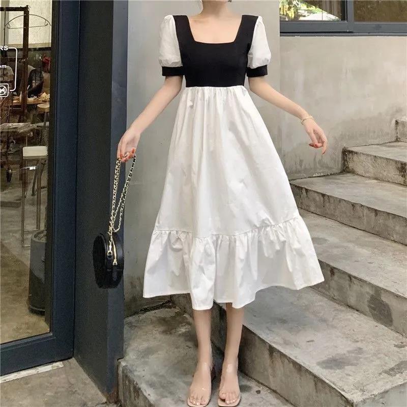 Women Summer Vintage Elegant Short Sleeve Square Neck Black White Patchwork Slim Long Pleated Dress