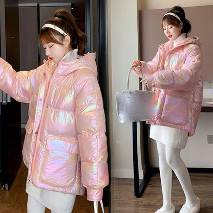 Bright Face Down Padded Jacket Women's Loose Coat Thick Bread Clothes Colorful Cotton Coat Women's Hood Keeps Warm and Comfortable