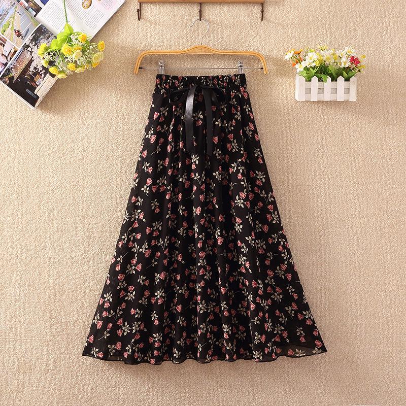 Summer High Waist Chiffon Women Midi Skirts Casual Floral Print Female Skirt Maxi Beach Skirt