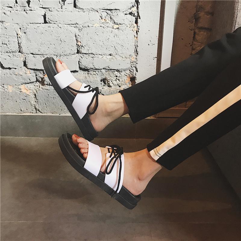 Harajuku Sandals Slippers Couple Summer Korean Student Lace-up Flat Sandals Non-slip Female Sandals and Slippers