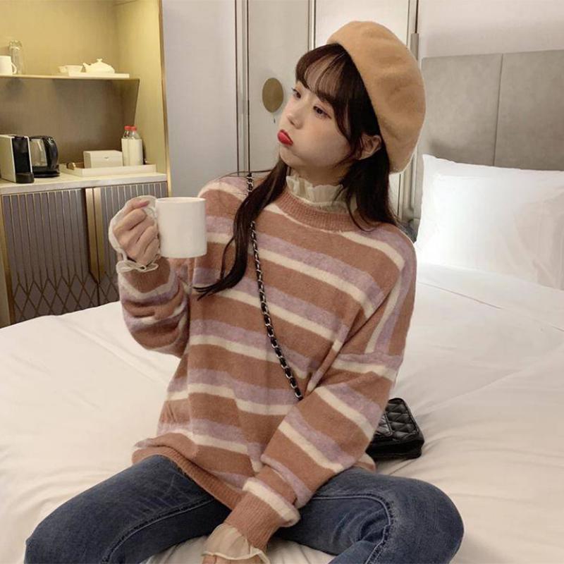 Pofulove Women's long sleeve sweater women Mori Sweet and Cute Stripe Korean Simple Loose