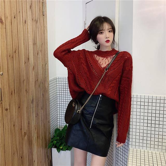 Pofulove Chic Princess Lace Yarn Spliced Neck Loose  Knitwear Skin-friendly Women Pullover Sweater