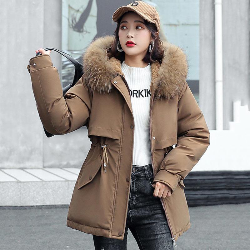 Parker Down Padded Jacket with Faux Fur Collar Mid-length Hooded Loose and Warm Winter Plus Velvet Thick Coat Is Soft and Comfortable