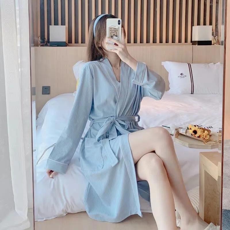 Women's Solid Sexy Long-sleeved Bathrobes Mid-length Spring Autumn Pajamas Dresses Casual Nightgown Pocket V-neck Loose Home Wear