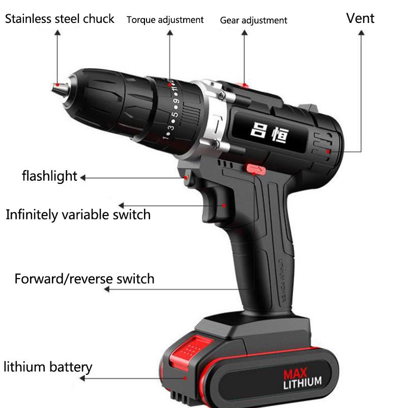 128Vf Industrial Cordless Electric Drill Two-speed Electric Screwdriver with Rechargeable Motor Power Tools