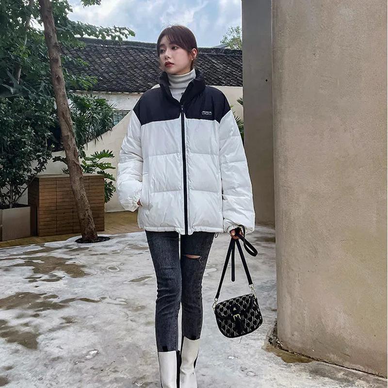 Winter Couple's Mid-length White Duck Down Thickened Coat Student Down Jacket Color Matching Korean Version Loose Cotton Coat Oversized Thick Coat