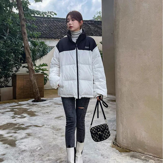 Winter Couple's Mid-length White Duck Down Thickened Coat Student Down Jacket Color Matching Korean Version Loose Cotton Coat Oversized Thick Coat