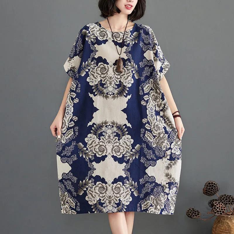 WTEMPO Plus Size Ladies Dress Summer Batwing Sleeve Round Neck Printed Dress Knee-length Length Loose and Comfortable