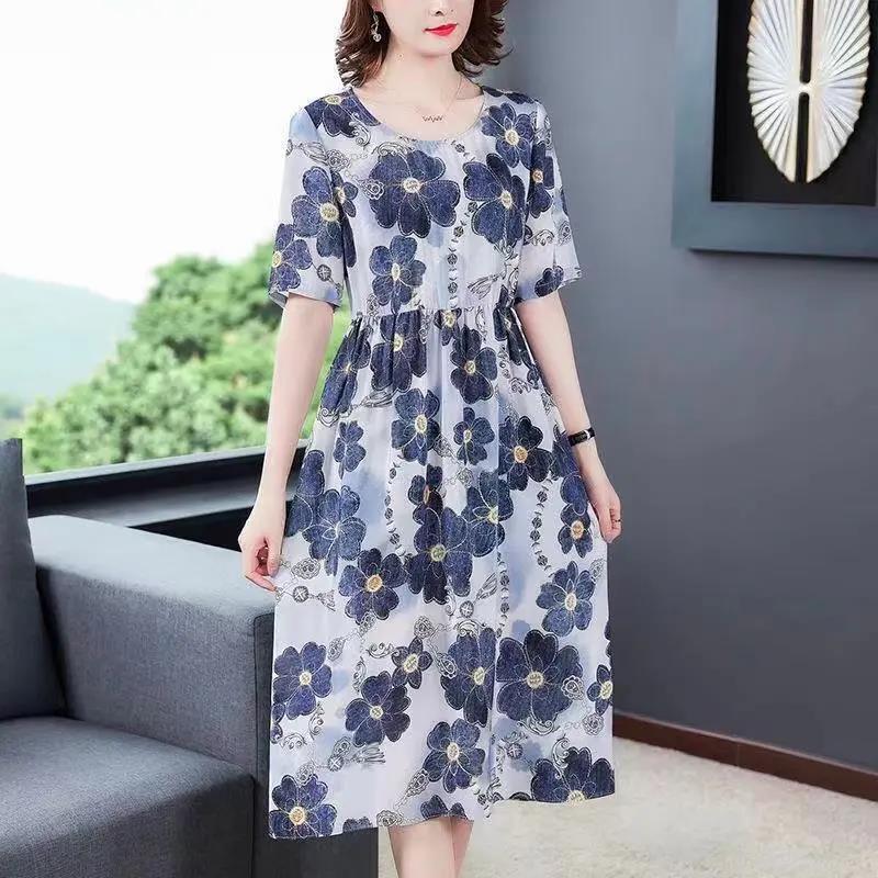 Women's Slim A-line Skirt Summer Short Sleeve Mid Length Floral Large Size Dress