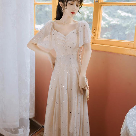Summer Super Fairy Long Slim Mesh Chiffon Party Dress Simple Elegant Lace A-line Graceful Dress