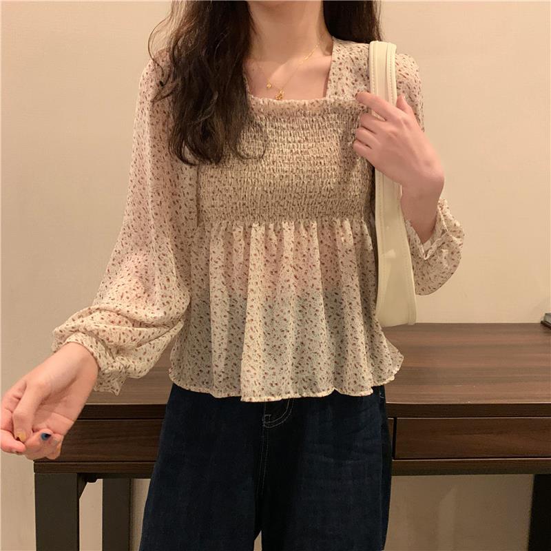 Blouse Women Sweet Korean Style Lovely Ladies Simple Lantern Sleeve Ruffles Popular Square Collar Thin Prairie Chic Holiday Tops