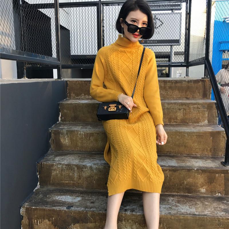 Women Turtleneck Knitwear Dress Long Knitted High Waist Solid Color Sweater Skirt Thick