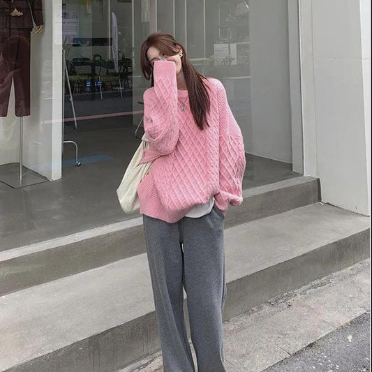 Autumn and Winter Women's Sweater Korean Loose Soft Solid Color Blouse Retro Round Neck Pullover