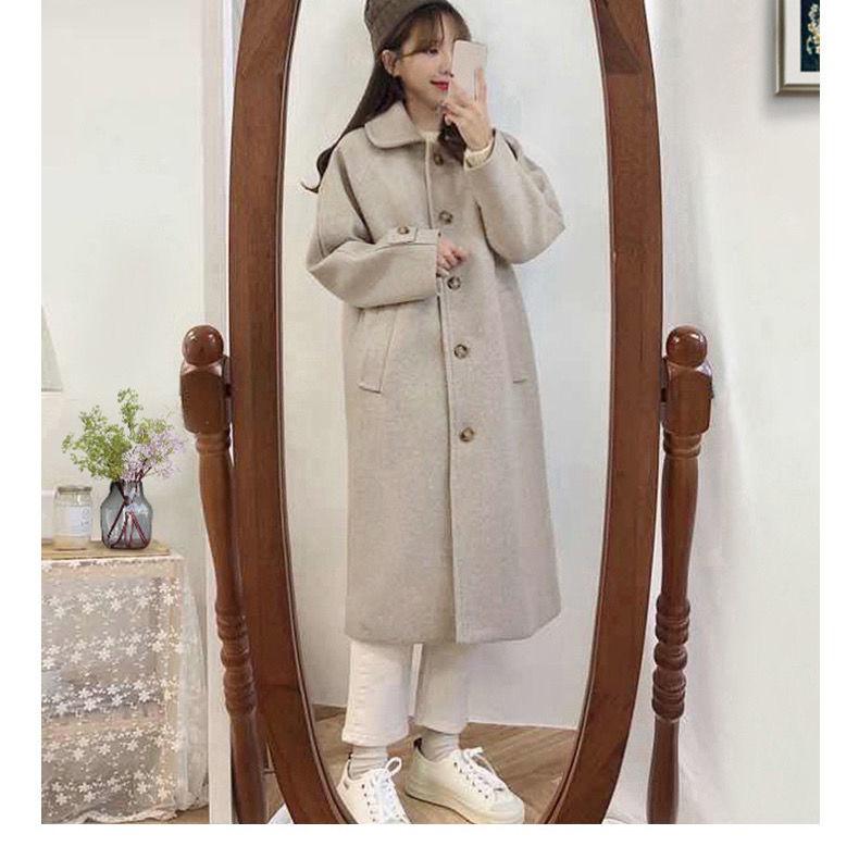 Black Long Woolen Winter Korean Style Over-the-knee Thick Coat for Female Students Loose and Thin Woolen Coat