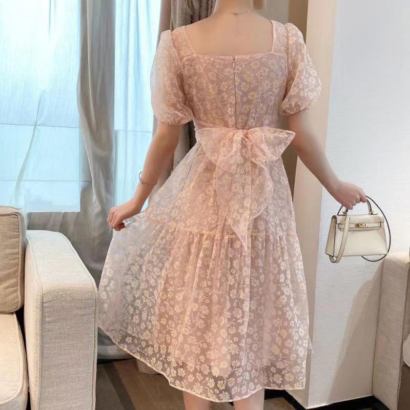 Summer Temperament Bow-knot Big Skirt Short Dress with Daisy Flowers