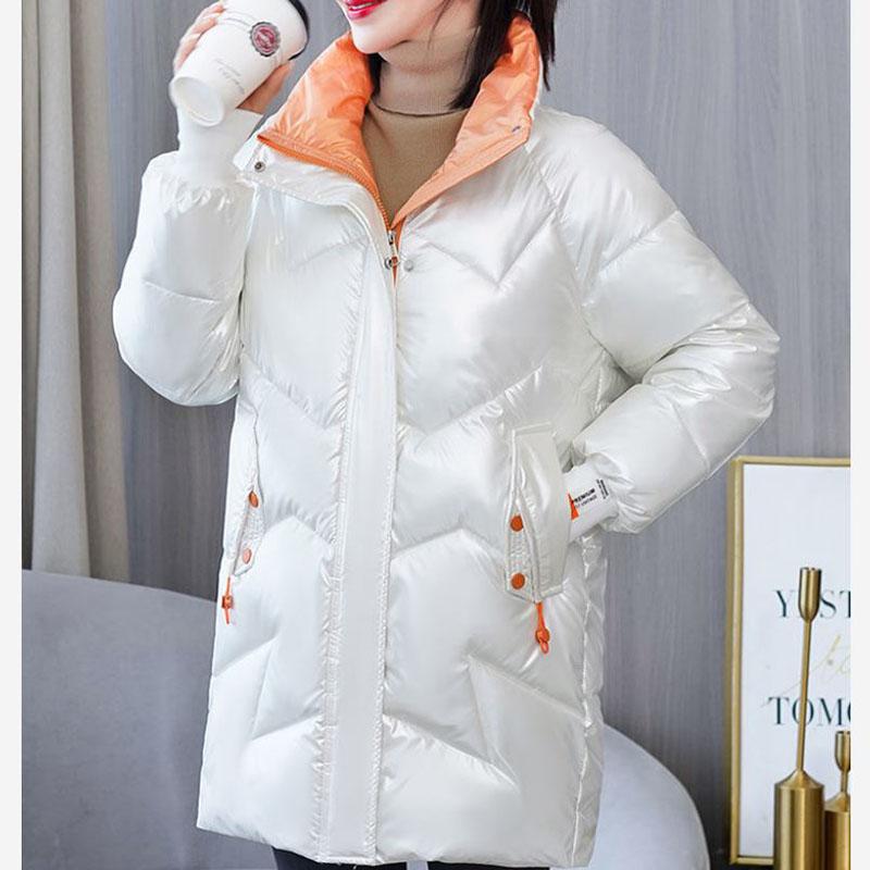 Down Cotton Jacket Winter Loose Korean Color Shiny Face-free Collar Mid-length Cotton Jacket Women