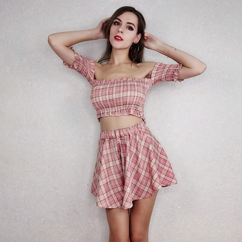 2pcs/set Women Sexy Skirt Suit Sexy Off-shoulder Crop Top + Mini Skirt  Two-piece Set Female Plaid Outfits