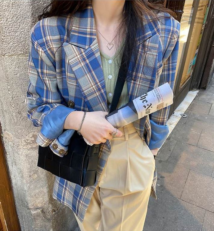 Vintage Loose Women Plaid BlazerAutumn Chic Double Breasted Female Long Sleeve Suit Jackets Stylish Ladies Blazer
