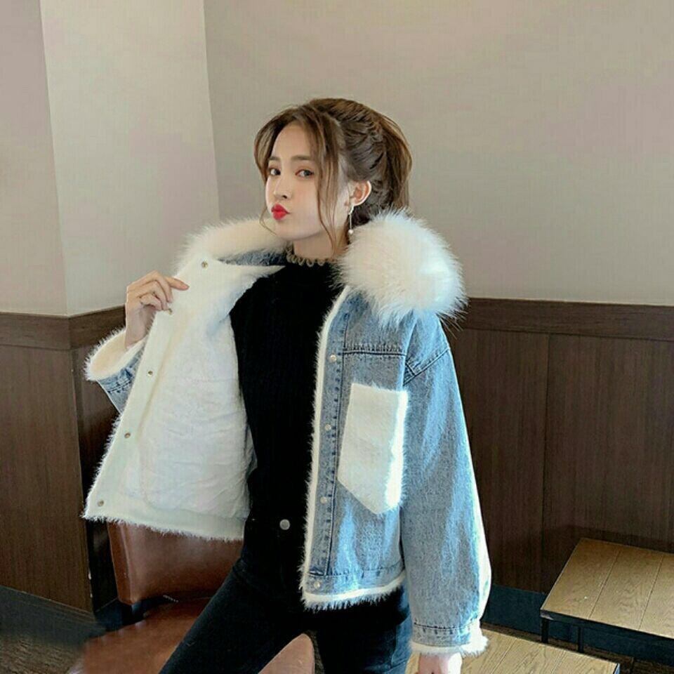 Big Faux Fur Collar Denim Jacket Women Winter Hooded Warm Jean Jacket Student Basic Short Parkas Female Bomber Coat