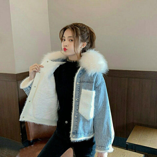 Big Faux Fur Collar Denim Jacket Women Winter Hooded Warm Jean Jacket Student Basic Short Parkas Female Bomber Coat