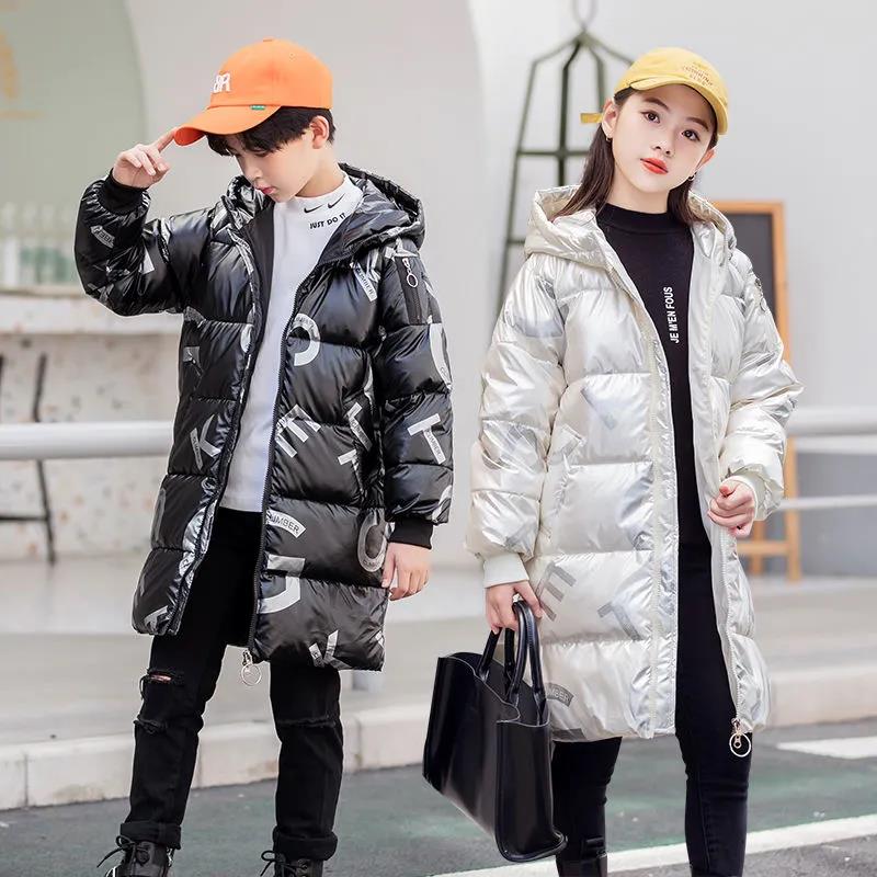 White Duck Down Children's Down Jacket In The Long Section of The Big Boy Western Style Bright Face Boys and Girls Trend Printing Cotton Jackets