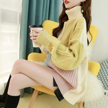 Autumn/winter Turtleneck Sweater Women Loose Thick Warm Color Block Sweater Coat Outer Wear Knit Jumper Pullover