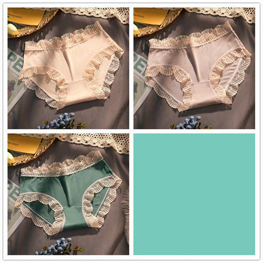 3pc Women's Panties Pure Cotton Mid-waist Antibacterial Large Size High Elastic Seamless Lace Edge Sexy Hip Lift