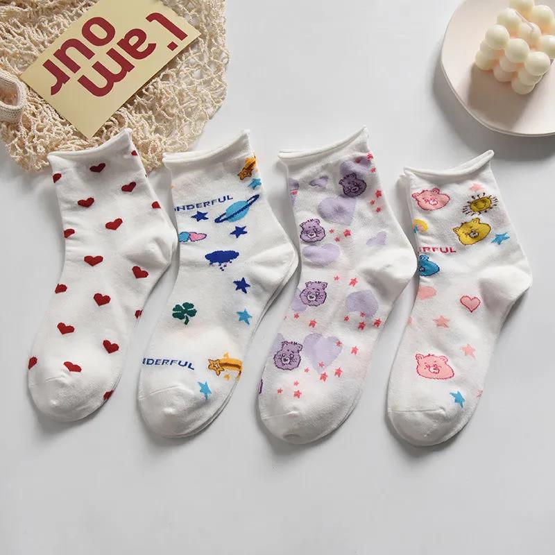 Four Pairs of Women's White Curled Tube Socks Cartoon Embroidery Pile Socks