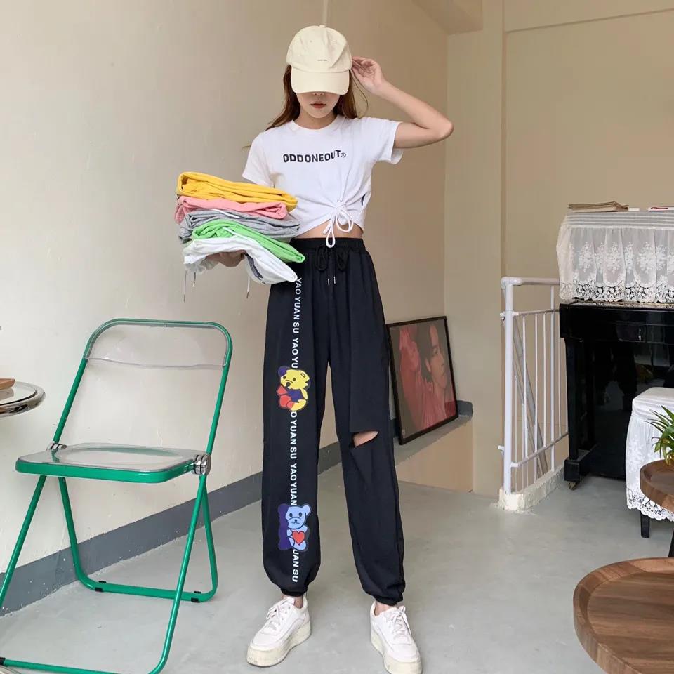 Girls Pants Summer High Waist Slimming Sports Running Students Beggars with Holes In Nine-point Guard Pants