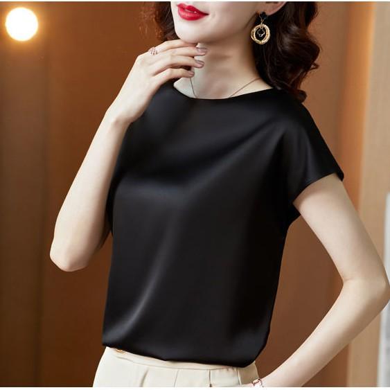 Women Satin Blouse High-end Fashion Short Sleeve Silky Temperament T Shirt Casual Tops