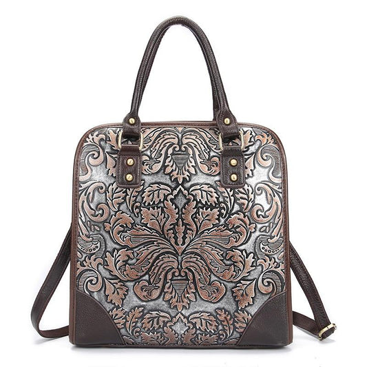 Famous Brand Women Floral Printing Real Cowhide Handbag Genuine Leather Women Bags Vintage Design La