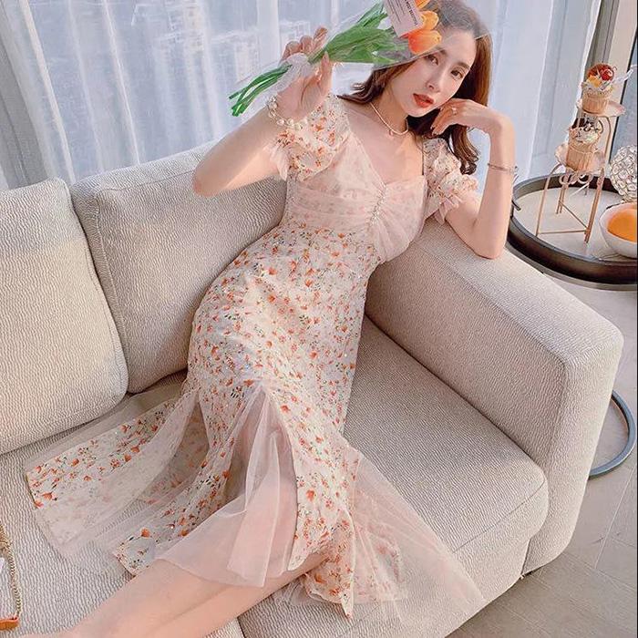 Net Yarn Splicing Floral Short Sleeve Mermaid Skirt  Women's Summer Dress Printing Knee-length Daily Wear Office Dating Party