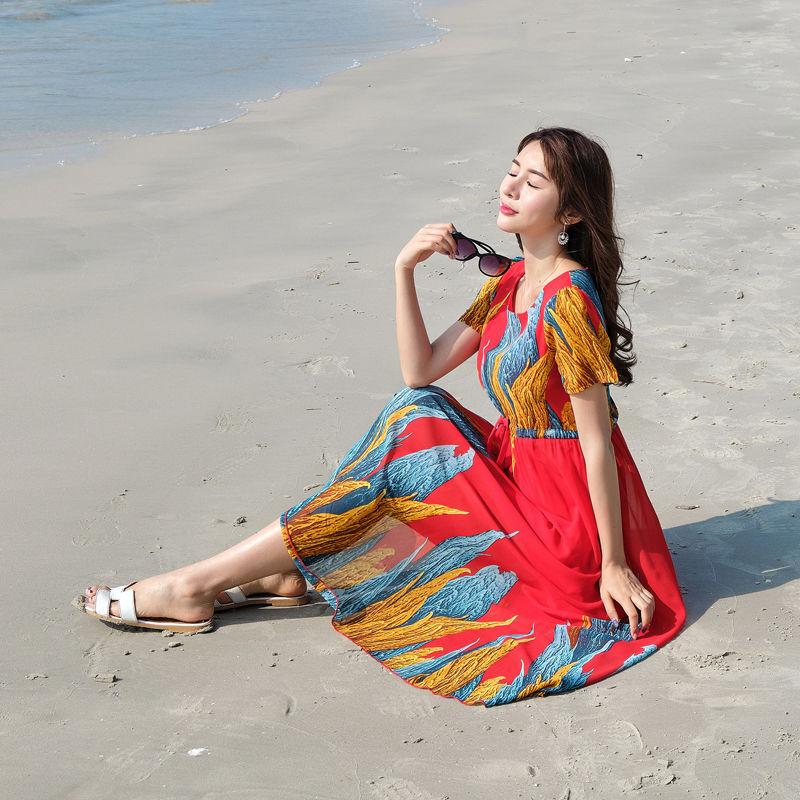 Plus Size Dress Female Seaside Vacation Beach Skirt Bohemian Long Skirt Plus Size Waist Slimming Long Skirt Chiffon Fabric