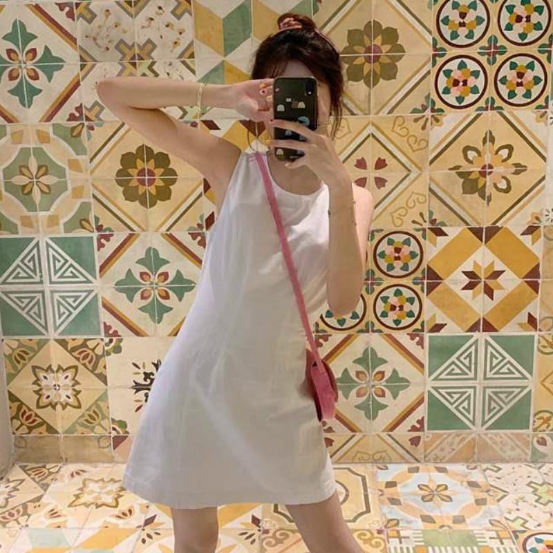 Sweet Sleeveless White Slim-fit Waist Skirt Girlish Rainbow Color Button A-line Short Dress