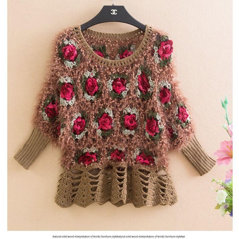 Fall/winter Women Crocheted Knit Jumper Short Pullover Batwing Sweater  Round Neck Mohair Sweater Outwear