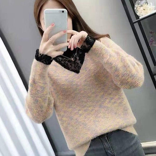 Imitation Mink Velvet Sweater Women Fake Two-piece Lace Stitching Turtleneck Pullover Sweater Colorful Bottoming Outer Wear Knitted Sweater Coat