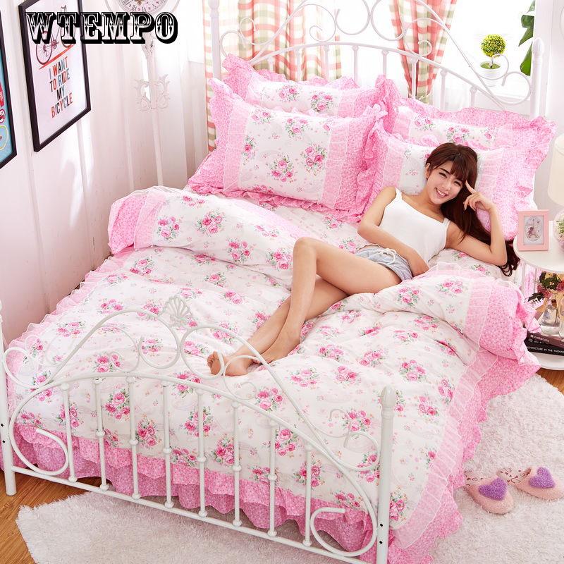 WTEMPO White Pink Lace Bedding Set Bedspread Beautiful Princess Style Kid Girls Twin Full Queen