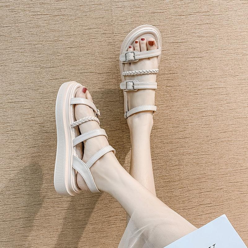 Thick-soled Sandals Women's Summer All-match Flat-bottomed Roman Shoes with A Word Buckle Simple Non-slip Thick-soled Sandals