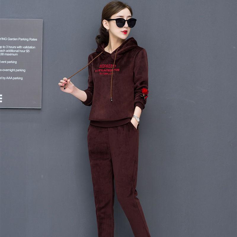 Casual Sports Suit Women's Long-sleeved Plus Velvet Padded Hoodie Women's Gold Velvet Two-piece Warmth Soft and Comfortable Ladies Casual Suit