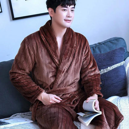 Plus Size Men Cashmere Bathrobe Long Robe Coat Shawl Bathrobe Absorbent and Quick-drying Home Clothes