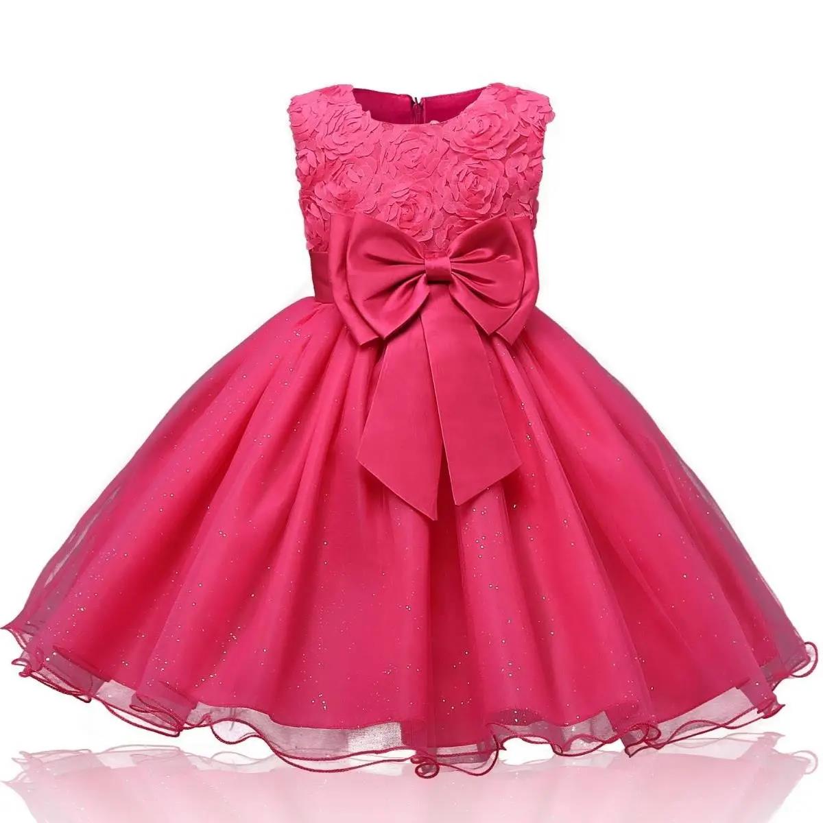 Girls Dress Net Gauze Tutu Skirt Rose Flower Bow Little Princess Birthday Show Dress