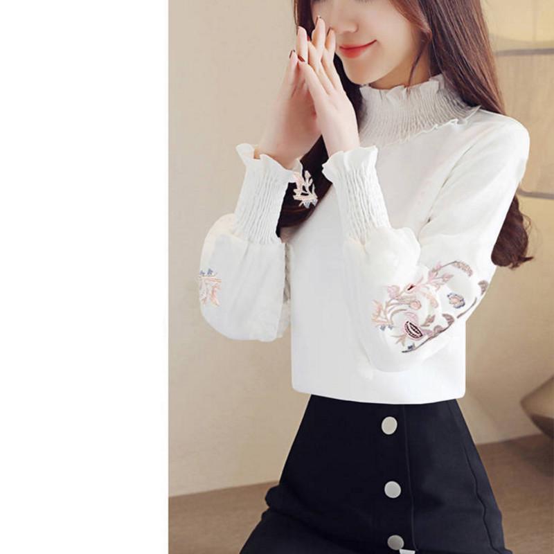 Pofulove Wild High Collar Long Sleeve Shirt Women Plus Velvet Embroidered Shirt Women Loose