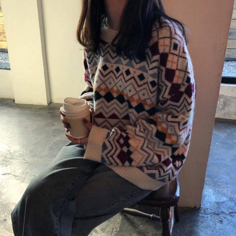 Pofulove sweater female students loose college style round neck wild jacquard pullover sweater women