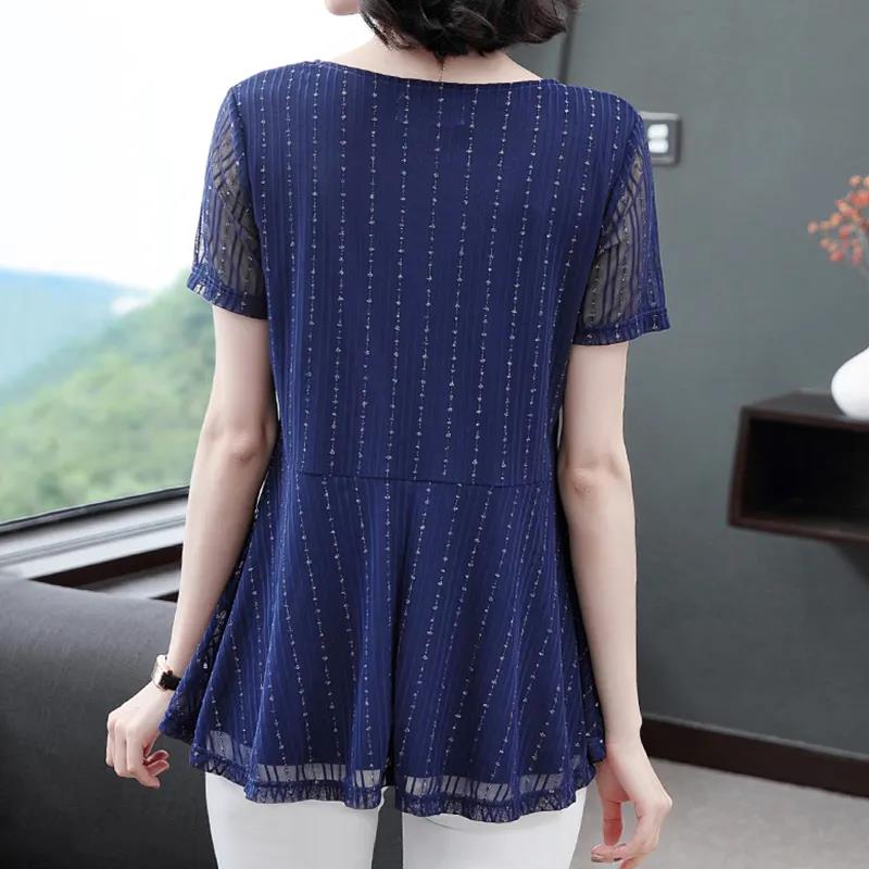 Women's Summer Short-sleeved Mid-length Lace Shirt V-neck Large Size Loose T-shirt
